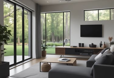 An outdoor view of a home equipped with smart security cameras and energy-efficient features.