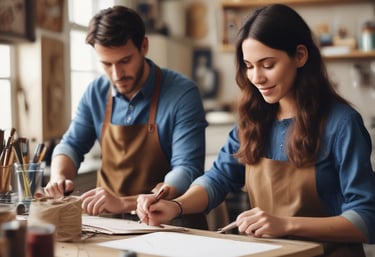An artisan carefully working on a decoupage oyster shell, surrounded by natural materials and tools.