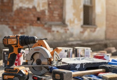 viele verschiedene Werkzeuge vom Bauprofi im vordergrund. im Hintergrund ein Altbau