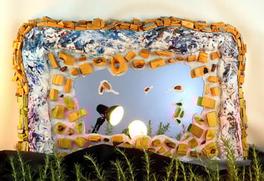 Aufwendiges Spiegel-Unikat mit stark strukturiertem, kombinierten Rahmen aus Gips und naturbelassenen Holzscheiten.