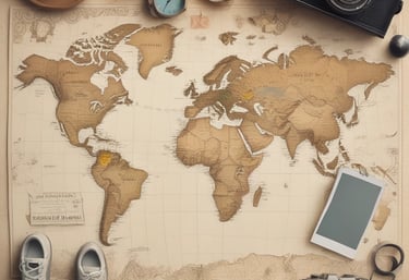 A collection of travel-related items is arranged on a map. Items include a camera with a strap, a lens cap, a passport, sunglasses, a knife, a smartphone, a tripod, and parts of a pair of shoes. All these objects suggest preparation for a journey.