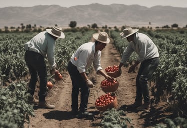 A lush green agricultural field with men and women working amidst the crops. The landscape is dotted with palm trees and a distant mountain range under a clear sky. Various poles are erected throughout the field, and there are signs of water irrigation.