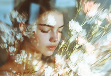 Foto einer jungen Frau im Blumenbeet mit dem Logo von CreamMakeupAcademy