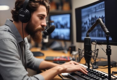 Podcaster recording audio with a microphone
