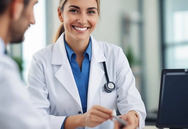 A young girl is seated on a medical examination table, receiving a small bandage on her arm from a healthcare provider. She is wearing a white shirt and has a pink bow in her hair. The provider is wearing bracelets and a blue shirt. The setting is a clinical room with wooden doors.
