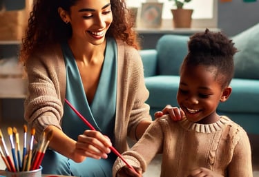 a woman and child are smiling and playing with paint