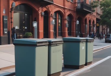A set of five wooden recycling bins is situated outdoors on a sandy surface, surrounded by lush green foliage. Each bin is labeled for different types of waste: organic, cans, plastic, and glass. Above the bins, a wooden shelter provides protection, and there is informational signage with guidance on waste separation.