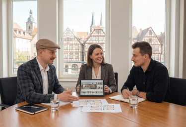 Beratungsgespräch bei Reidelbach Immobilien in Fürth mit persönlicher Immobilienberatung und Objektpräsentation am Tablet