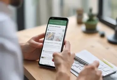 Person nutzt Smartphone zur Online-Immobiliensuche und Vermarktung.