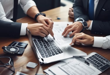 A modern office workspace with diverse professionals collaborating over digital devices and charts.