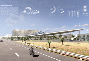 a motorcycle rider riding down a road with a large building in the background.