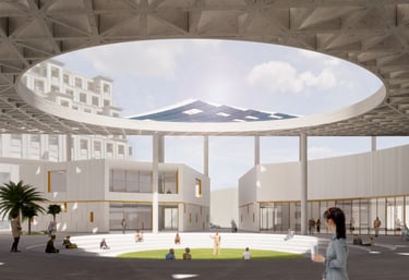 A woman looking at a solar panel covered roof through an oculus