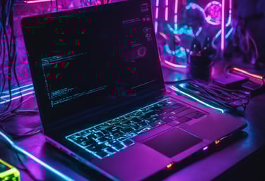 A dimly lit desk setup featuring a computer monitor displaying a document titled 'General Hardening Guideline'. The desk has a mechanical keyboard with blue and red keys, a lamp providing light on the right side, and various small items including notes pinned to the wall, a notebook, and a cup. There is a mesh office chair in front of the desk.