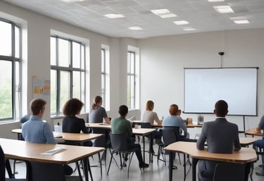 Empleados sentados en un aula moderna mirando hacia una pantalla blanca en plena capacitación empres