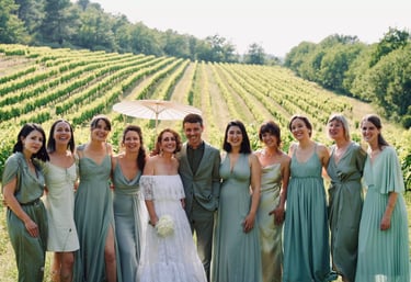 Les mariés avec les invités devant le vignoble