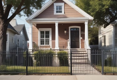 A cityscape with a real estate sign in the foreground, prominently displaying the name and phone number. Surrounding the sign are various buildings with different architectural styles, some with scaffolding and green netting. The scene features a mix of older, worn structures alongside modern glass-fronted buildings. Power lines and construction materials add to the urban complexity.