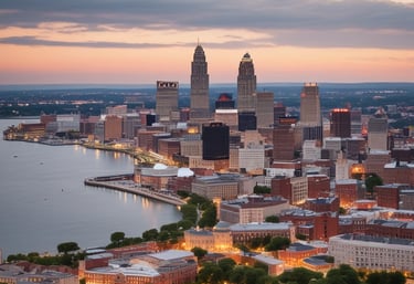 A residential street lined with brick houses stretches into the distance under a partly cloudy sky. A large tree without leaves stands tall on the right side, casting long shadows on the wet pavement. For sale signs are visible in front of the houses, indicating real estate activity. The sunlight filters through the branches, creating a serene atmosphere.