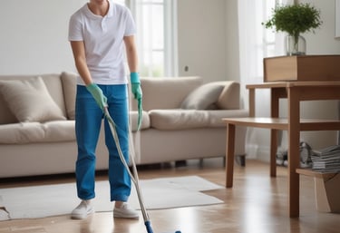 A person wearing protective clothing, a face mask, and gloves is cleaning a white cushioned furniture piece using a vacuum cleaner. The setting appears to be indoors with bright natural light streaming in through large windows. A green potted plant is placed next to a white sofa, adding a touch of nature to the clean and tidy environment.