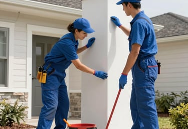 A modern building with a unique architectural design featuring a pattern of geometric brown panels and large windows. Several levels have small balconies. Two workers are suspended by ropes, performing maintenance or cleaning.