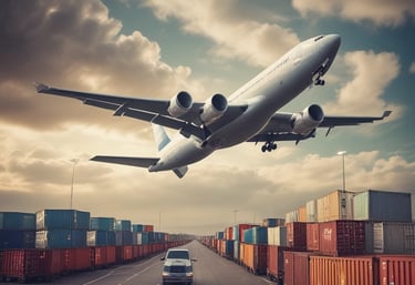 A blue locomotive is pulling a long freight train composed of various colored cargo containers, traveling along railway tracks beside a river. The scene is set in a small town with buildings adjacent to the railway line. In the background, lush green hills are visible, suggesting a rural landscape.