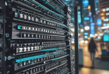 A dimly lit server rack filled with network equipment. Multiple colored cables, predominantly red, blue, and black, are neatly organized and connected to various devices such as switches and routers. Small LED lights on the equipment indicate active connections.