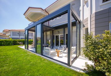 Sliding glass door system installed on outdoor patio