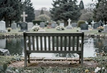 A tranquil garden bench overlooking a pond on the cemetery grounds. The scene is calm and meditative, with colors echoing #F7F9F7 and #6C7C71.