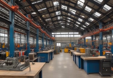 A warehouse interior featuring shelves stacked with cardboard boxes and packages, all organized neatly on wooden pallets. An orange forklift is parked on the concrete floor, illustrating a typical industrial storage scene.
