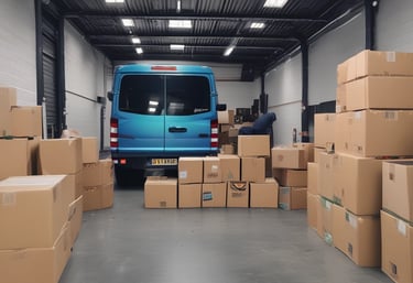 An aerial view of a large distribution center or warehouse with several loading docks and parked trucks. The area is organized with clear lines and parking spaces. The roof of the warehouse is visible, highlighting its industrial design. There are a few cars in the parking area, indicating activity but not congestion.
