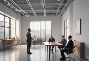 entorno industrial minimalista realista, donde se observe a dos personas hablando en una sala juntas