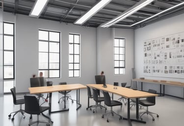 A group of people are gathered in a conference room, engaged in a UX training session. Two women are seated at a table with laptops, participating in the training. A large poster on the wall advertises UX Indonesia and a UX training series. Papers with diagrams are taped to the wall, and various electronic devices and cups are on the table.