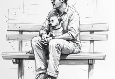 a man sitting on a bench with a dog