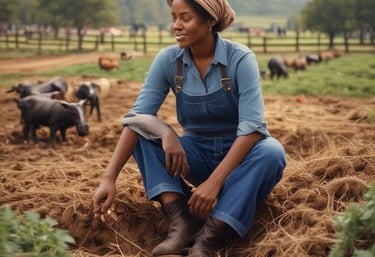 A person is tending to a garden, spreading organic material onto the soil between rows of young plants. The setting is a well-organized farm with various types of plants growing in parallel rows. A wheelbarrow filled with similar organic material is visible nearby.
