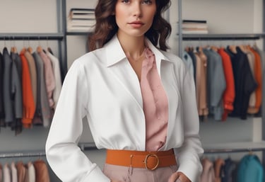 a woman standing in front of a shelf full of bottles of hair