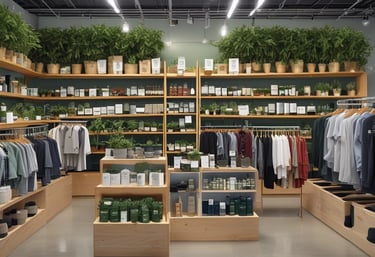 a woman standing in front of a shelf full of bottles of hair