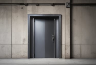 A rustic wooden double door with decorative circular metal elements at the center is set into a brick and plaster facade. Above the door, there is a brick sign with text. An old-fashioned lantern hangs on the right side, and there is a small decorative charm attached to the door. A security alarm and an intercom system are mounted on the left side.