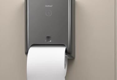 A building featuring a bright yellow door with black hinges and a handle, set within a gray corrugated metal facade. White-trimmed windows flank the door on both sides, with decorative black ironwork details on the glass.