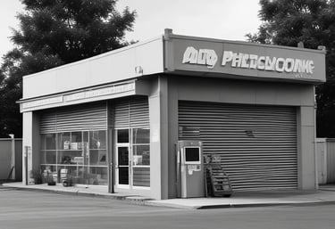 A commercial property featuring two buildings with metal roofs, situated in an industrial area. Several parked vehicles, including vans and cars, are seen near the buildings. The surroundings are well-maintained with greenery and clear weather with blue skies and clouds in the background.