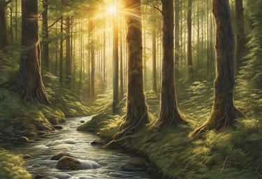 forest landscape with a river running through it 