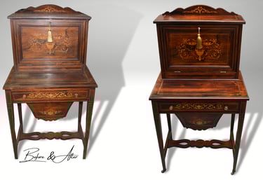 Before and after comparison of an antique bureau desk, showcasing restored wood finish and enhanced brass details, bringing b