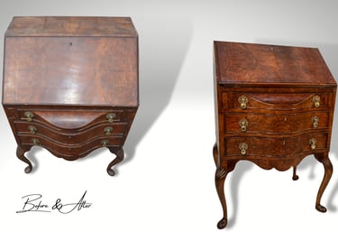 Side-by-side images of an inlaid writing desk before and after restoration, highlighting the meticulous restoration of intric
