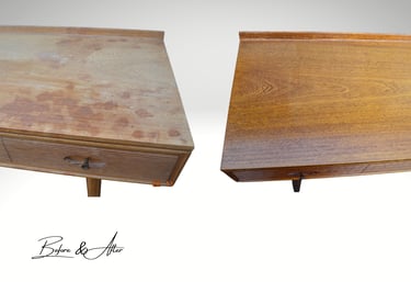 Side-by-side view of a mid-century console table before and after restoration, demonstrating the rejuvenation of the wood sur