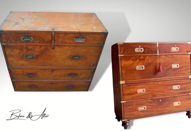 Side-by-side comparison of an antique campaign chest, showing its transformation before and after restoration, highlighting t