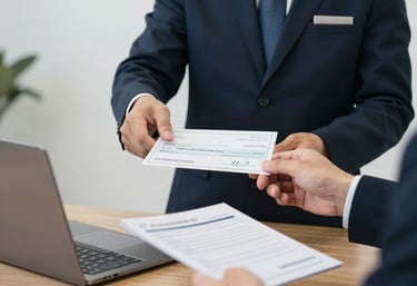 Professional businessman in a suit handing a payroll check to an employee at an office desk with a laptop.