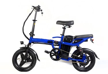 a blue electric bike with a black seat