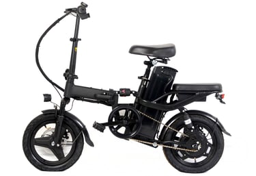 a black electric bike with a black seat