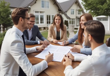 Aerial view of a construction site featuring multiple partially constructed buildings with a combination of flat and sloped roofs. The site is surrounded by a mix of residential houses and green areas. There are construction materials scattered around, and the roads nearby are bordered by trees and small residential properties.