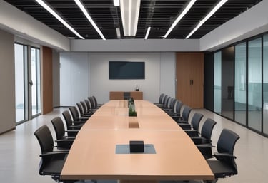 A conference room with a long wooden table surrounded by chairs covered in protective plastic. Multiple computer monitors are placed on tables against the walls, each displaying nature-themed images. The walls are lined with wood paneling, and a sign indicating a center for artificial intelligence is displayed at the front. There are decorative flower arrangements on the table, and the overall setup suggests a professional environment.