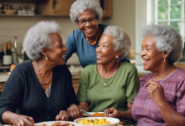 Five women are gathered together on a sofa, intently reading papers or pamphlets. The scene appears to be from a past era, as suggested by the vintage style of their clothing. The room is simple with wooden flooring and minimal furnishings, including a closed door and a few chairs in the background.
