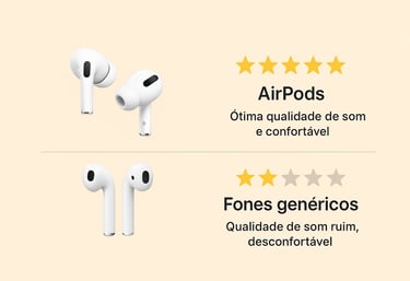 um par de AirPods com o mesmo produto na parte inferior